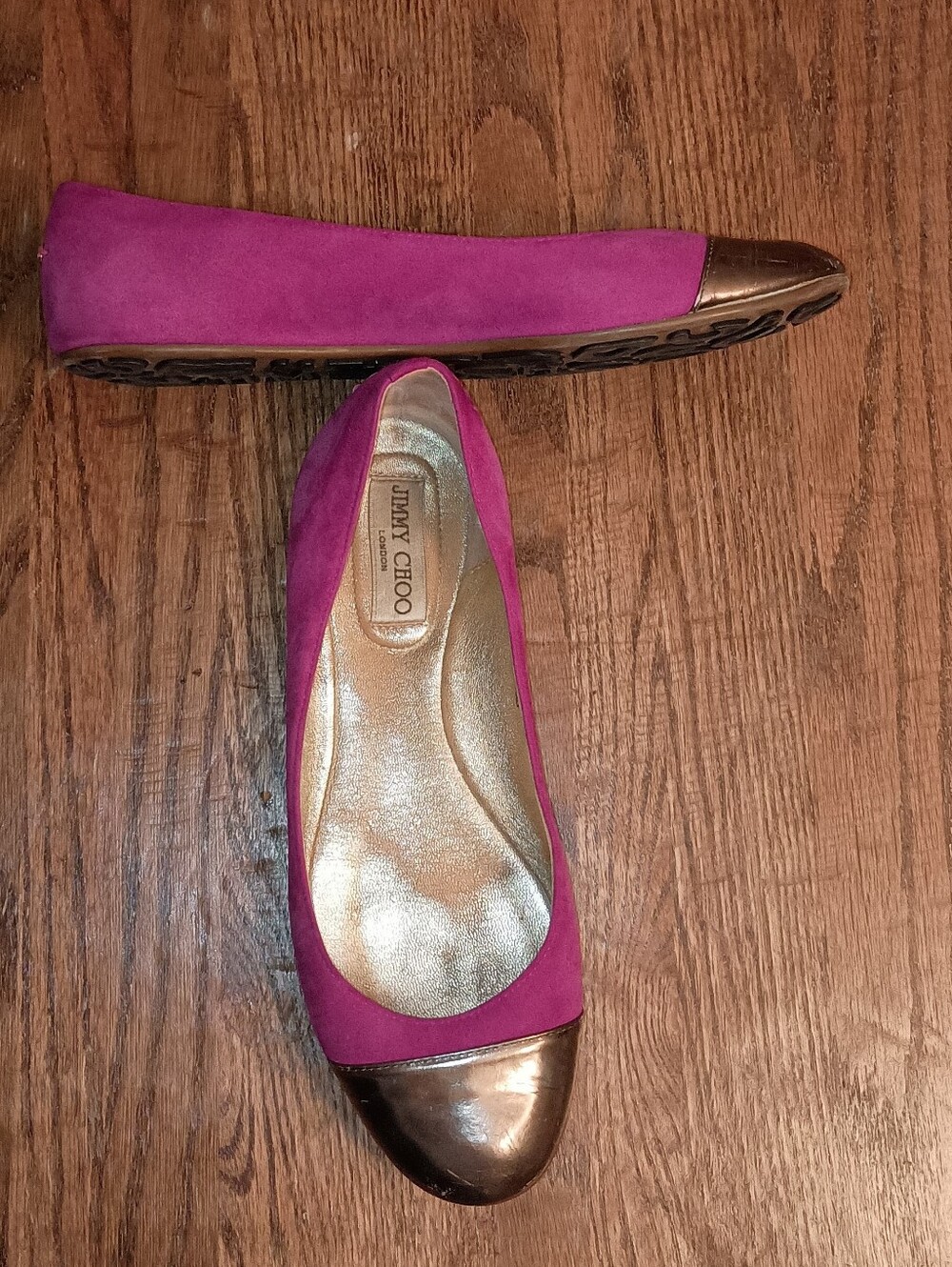 Jimmy Choo Pink Fushia Gold Tip Suede Leather Ballet Slippers 39.5